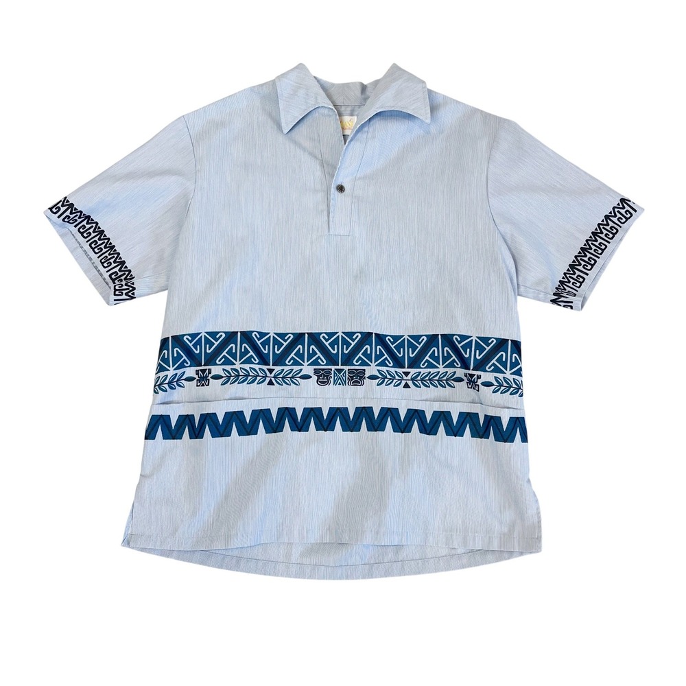 Vintage 70s Iolani Hawaii Men Blue Tribal Geometric Print Pullover Shirt LARGE - Picture 1 of 9